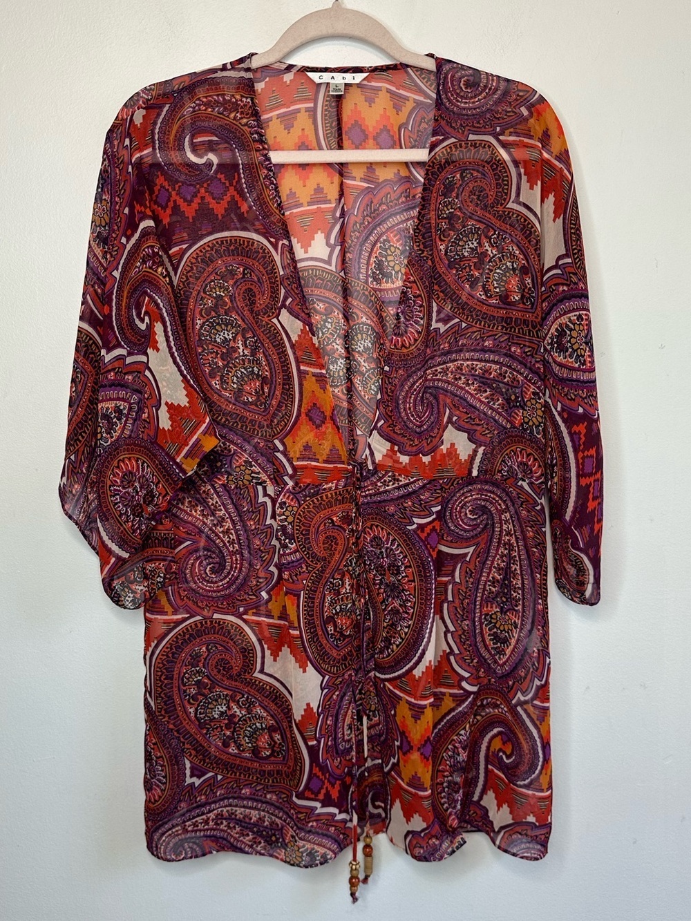 Cabi Swim Suit Cover Up Boho Sheer Kimono Top Beaded Paisley Pattern L Large
